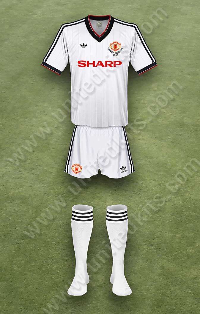 Manchester United shirt worn for game v Barcelona played on Wednesday 7th March 1984 at Nou Camp stadium during the 1983-1984 season.