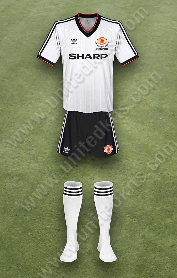 Manchester United shirt worn for game v Liverpool played on Saturday 20th August 1983 at Wembley stadium during the 1983-1984 season.