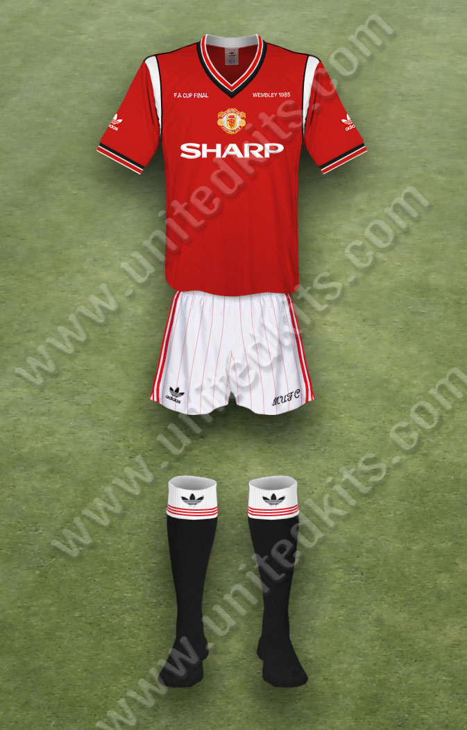Manchester United shirt worn for game v Everton played on Saturday 18th May 1985 at Wembley stadium during the 1984-1985 season.