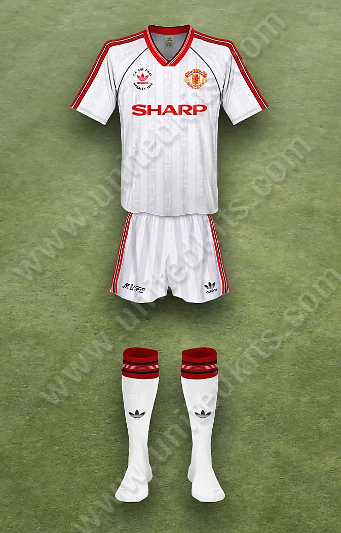 Manchester United shirt worn for game v Crystal Palace played on Saturday 12th May 1990 at Wembley stadium during the 1989-1990 season.