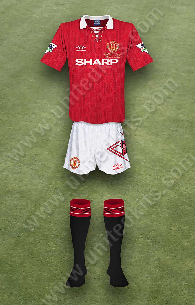 Manchester United shirt worn for game v Wimbledon played on Sunday 9th May 1993 at Selhurst Park stadium during the 1992-1993 season.