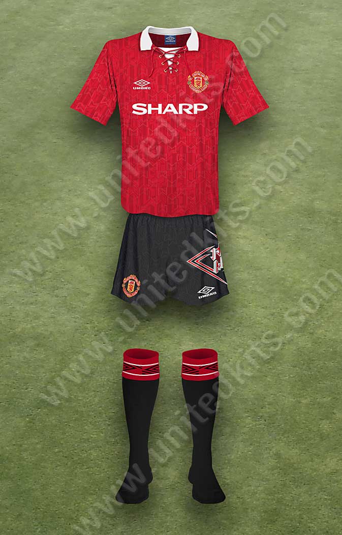 Manchester United shirt worn for game v Honved played on Wednesday 29th September 1993 at Old Trafford stadium during the 1993-1994 season.