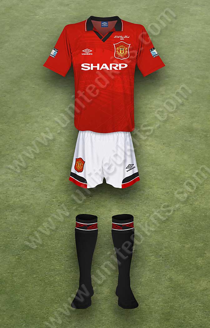 Manchester United shirt worn for game v Liverpool played on Saturday 11th May 1996 at Wembley stadium during the 1995-1996 season.