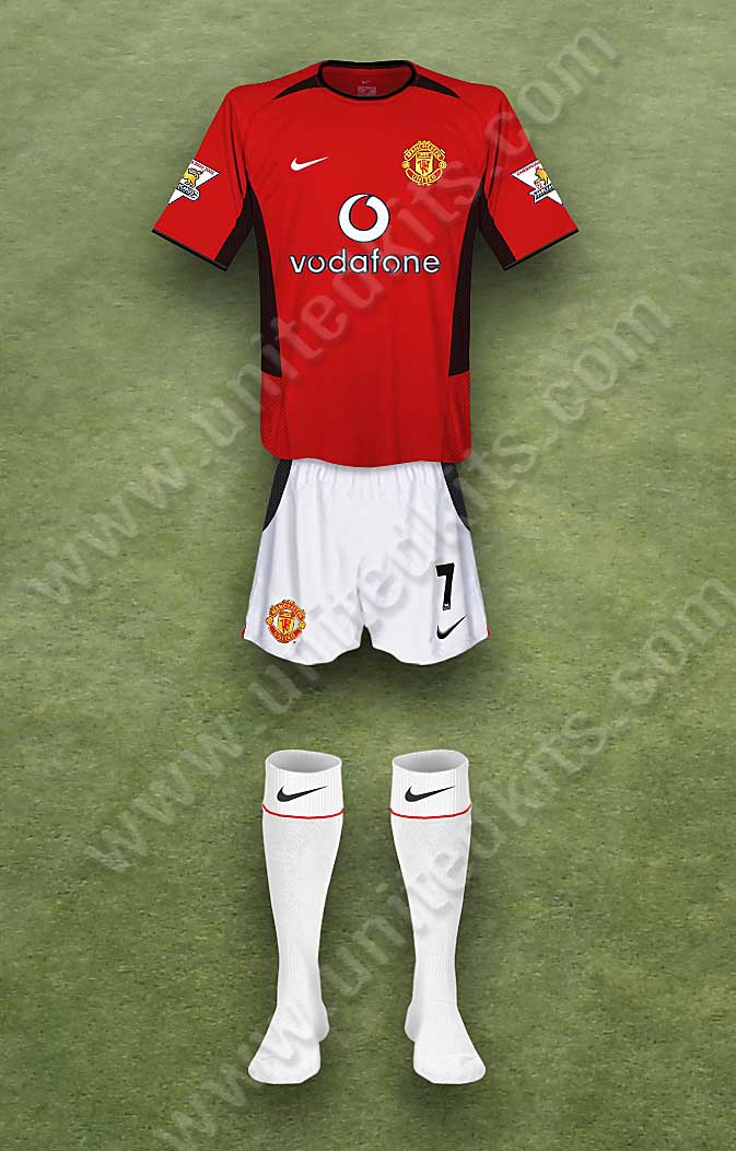 Manchester United shirt worn for game v Portsmouth played on Saturday 1st November 2003 at Old Trafford stadium during the 2003-2004 season.