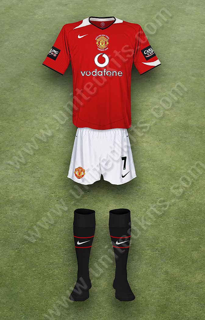 Manchester United shirt worn for game v Wigan Athletic played on Sunday 26th February 2006 at Millennium Stadium stadium during the 2005-2006 season.