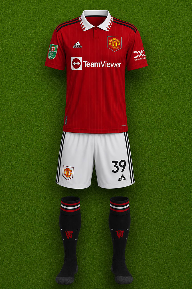 Manchester United shirt worn for game v Burnley played on Wednesday 21st December 2022 at Old Trafford stadium during the 2022-2023 season.
